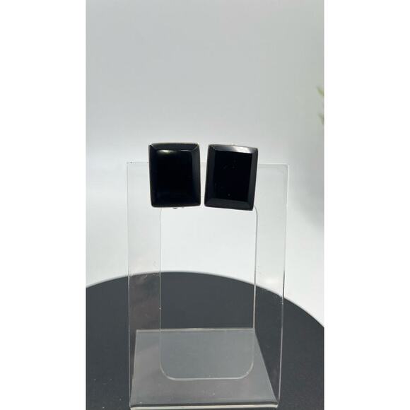 Rectangle Black Glass and 925 Mexico Sterling Silver Clip on Earrings - Picture 2 of 16